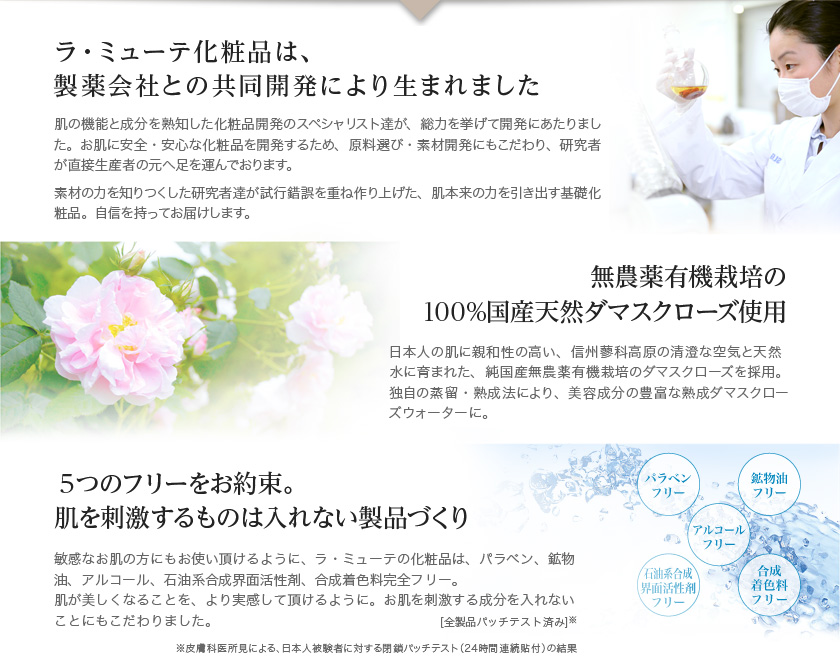 「ラ・ミューテ化粧品は製薬会社との共同開発により生まれました」「無農薬有機栽培の国産天然ダマスクローズ100%使用」「5つのフリーをお約束。肌を刺激するものは入れない製品づくり」